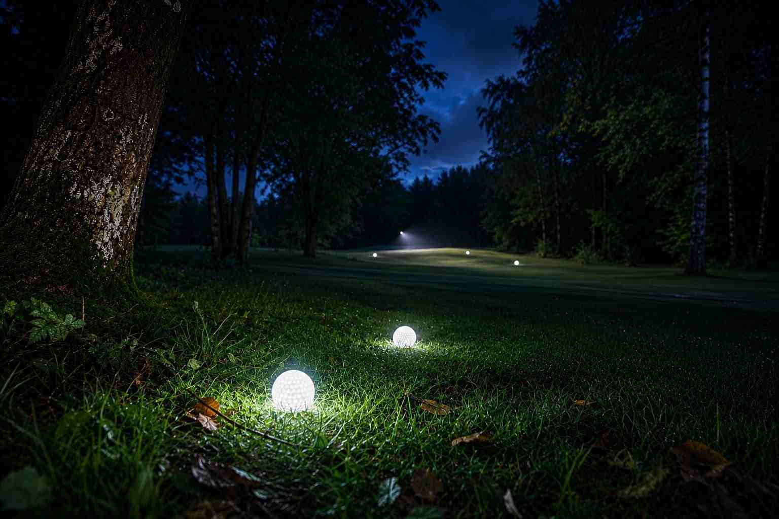 Golfbolde lyser op i mørket på golfbanen